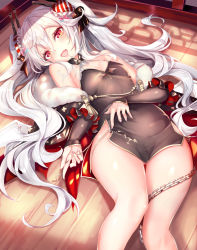 Rule 34 | 1girl, azur lane, breasts, chain, china dress, chinese clothes, cleavage, cleavage cutout, clothing cutout, covered navel, cowboy shot, detached sleeves, dress, fur collar, gluteal fold, hair between eyes, hair ornament, hair ribbon, halterneck, haruka natsuki, knees together feet apart, long hair, looking at viewer, lying, off shoulder, on back, panties, red eyes, ribbon, shadow, side-tie panties, side slit, small breasts, smile, solo, strap pull, thigh gap, twintails, underwear, untied panties, vampire (azur lane), vampire (the breath of spring) (azur lane), white hair, wooden floor