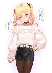 Rule 34 | 1boy, :o, bare shoulders, belt, black choker, black pantyhose, black skirt, blonde hair, blush, check copyright, choker, collarbone, commentary request, copyright request, crossdressing, gem, half-closed eyes, highres, long hair, long sleeves, looking at viewer, male focus, mole, mole under mouth, original, pantyhose, pencil skirt, simple background, skirt, solo, sweater, translation request, trap, twintails, white background, white belt, white sweater, yapo (croquis side)