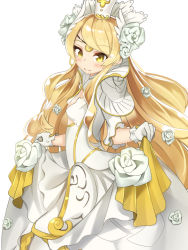 Rule 34 | 1girl, aphrodite (nyanko daisensou), blonde hair, breasts, crown, curtsey, dress, flower, gloves, hair flower, hair ornament, highres, long dress, long hair, looking at viewer, nyanko daisensou, simple background, skirt hold, small breasts, smile, solo, twin-7646, white background, white dress, white gloves, yellow eyes