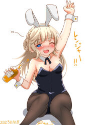 Rule 34 | 1girl, adapted costume, animal ears, black leotard, blonde hair, blue eyes, bottle, bow, bowtie, braid, breasts, brown pantyhose, dated, drink, drunk, kantai collection, leotard, long hair, medium breasts, open mouth, pantyhose, ranger (kancolle), ray.s, sitting, solo, squeans, twitter username, wavy mouth