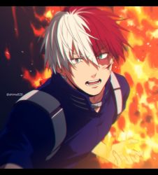 Rule 34 | 1boy, blue eyes, blue jacket, blurry, boku no hero academia, burn scar, commentary request, depth of field, fire, grey eyes, hair between eyes, heterochromia, jacket, letterboxed, looking at viewer, male focus, mashima shima, multicolored hair, open mouth, red hair, scar, short hair, solo, teeth, todoroki shouto, twitter username, two-tone hair, upper body, v-shaped eyebrows, white hair