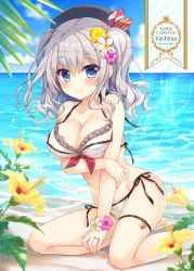 Rule 34 | 10s, 1girl, ameto yuki, beach, beret, bikini, blue eyes, breasts, collarbone, day, flower, hair between eyes, hair flower, hair ornament, hat, highres, jewelry, kantai collection, kashima (kancolle), large breasts, ocean, pink flower, ring, short hair, silver hair, smile, solo, swimsuit, two side up, wedding band, white bikini, white flower, yellow flower