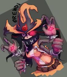 Rule 34 | 1girl, alien, battleborn, black hair, breasts, extra arms, female focus, four fingers, hat, long hair, orendi (battleborn), red eyes, solo, three fingers, twintails, witch hat