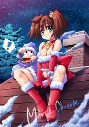 Rule 34 | !, 1girl, bell, blue eyes, blush, boots, breasts, brown hair, christmas, collar, elbow gloves, gloves, looking at viewer, merry christmas, monkey, neck bell, night, nipples, panties, pipo monkey, red gloves, rooftop, sack, santa boots, santa costume, saru getchu, sayaka (saru getchu), sitting, sky, small breasts, snow, solo, spoken exclamation mark, starfox (artist), striped clothes, striped panties, twintails, underwear