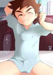 Rule 34 | 10s, 1boy, ass, bed, bottomless, brown eyes, brown hair, bulge, erection, erection under clothes, janemoro, male focus, monster hunter (series), monster hunter stories, morning wood, ryuuto (monster hunter stories), sleepy, solo