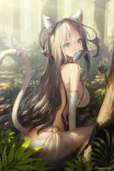 Rule 34 | 1girl, animal ears, ass, bare back, blonde hair, breasts, cat ears, cat tail, elbow gloves, fish, forest, gloves, green eyes, leaf, looking at viewer, looking back, mouth hold, nature, original, ritsuki, sideboob, sitting, solo, tail, thighs, tree