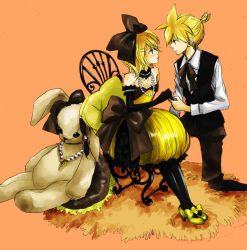 Rule 34 | 1boy, 1girl, aku no musume (vocaloid), allen avadonia, bad id, bad pixiv id, blonde hair, bow, brother and sister, chair, dress, elbow gloves, evillious nendaiki, gloves, hair bow, hair ornament, hairclip, high heels, jewelry, kagamine len, kagamine rin, mamiko (easyall), md5 mismatch, necklace, ponytail, rabbit, riliane lucifen d&#039;autriche, shoes, short hair, siblings, simple background, sitting, stuffed animal, stuffed rabbit, stuffed toy, twins, vocaloid, world is mine (vocaloid)