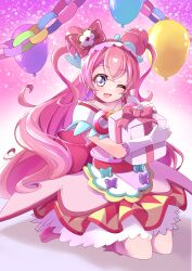 Rule 34 | 1girl, absurdres, back bow, balloon, birthday, boots, bow, box, choker, commentary, cone hair bun, cure precious, delicious party precure, dress, earrings, frilled hairband, frills, gift, gift box, gloves, hair bow, hair bun, hairband, highres, holding, holding gift, huge bow, jewelry, knee boots, kneeling, light particles, long hair, looking at viewer, magical girl, medium dress, nagomi yui, one eye closed, open mouth, paper chain, pink dress, pink footwear, pink hair, precure, purple eyes, red bow, red choker, sleeveless, sleeveless dress, smile, solo, tirofinire, two side up, very long hair, white gloves