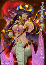 Rule 34 | 1girl, bandages, bare shoulders, blue eyes, blush, body markings, breasts, butter-t, cleavage, cracked skin, crown, dark-skinned female, dark skin, egyptian, egyptian mythology, female focus, gold, jewelry, large breasts, crossed legs, long hair, looking at viewer, lots of jewelry, monster girl, monster girl encyclopedia, monster girl encyclopedia ii, mummy, nail polish, necktie, open mouth, parted lips, pharaoh, pharaoh (monster girl encyclopedia), pointing, pointing at viewer, purple hair, purple nails, red eyes, sharp nails, sitting, smile, snake, solo, staff, thighhighs, thighs, undead