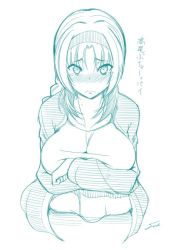 Rule 34 | 1girl, blush, breasts, covering privates, covering breasts, d-frag!, embarrassed, female focus, fue (rhomphair), large breasts, monochrome, solo, takao (d-frag!), track suit, white background