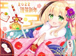 Rule 34 | 1girl, 2022, :d, animal ear fluff, animal ears, arrow (projectile), bell, black hair, blonde hair, blue hair, blush, cat ears, commentary request, egasumi, ema, floral print, green eyes, hamaya, highres, japanese clothes, jingle bell, kagami mochi, kimono, long hair, long sleeves, multicolored hair, omikuji, open mouth, original, palms together, pink kimono, print kimono, shikito (yawa0w0), smile, solo, streaked hair, two-tone hair, very long hair, wide sleeves