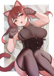 Rule 34 | 1girl, absurdres, alternate costume, animal ears, bare shoulders, border, breasts, brown gloves, brown shirt, brown thighhighs, cat, cat ears, commentary request, facing viewer, gloves, hands up, heterochromia, highres, hololive, houshou marine, large breasts, looking ahead, looking at viewer, lying, on back, paw pose, red eyes, red hair, shirt, siose tamotsu, sleeveless, sleeveless shirt, solo, thighhighs, tongue, tongue out, twintails, virtual youtuber, white border, yellow eyes