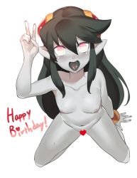 Rule 34 | 1girl, arm up, black hair, blush, borrowed character, bracelet, breasts, censored, collarbone, colored skin, completely nude, efa (tunberuku), full body, grey skin, happy birthday, heart, heart censor, jewelry, kneeling, long hair, looking at viewer, navel, nipples, nude, open mouth, original, pink eyes, pointy ears, protected link, saliva, sidelocks, simple background, small breasts, solo, tongue, tongue out, ukimukai, v, very long hair, white background
