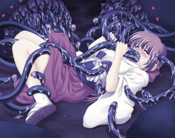 Rule 34 | 1girl, blush, brown hair, closed eyes, fellatio, female focus, highres, japanese clothes, kimono, legs together, long hair, miko, mil (xration), oral, penis tentacle, rape, restrained, struggling, tears, tentacles, tentacles under clothes