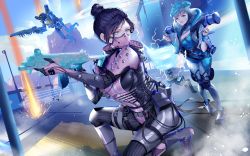 Rule 34 | 1other, 2girls, :d, absurdres, animification, apex legends, black hair, blue eyes, blue headwear, bodysuit, breasts, cleavage, day, dutch angle, electricity, flying, gun, hair bun, hands up, haute drop wattson, highres, holding, holding gun, holding weapon, huge filesize, kneeling, mask, medium breasts, medium hair, mouth mask, multiple girls, myusha, on one knee, open mouth, outdoors, pathfinder (apex legends), pouch, railing, robot, single hair bun, smile, thigh strap, void specialist wraith, wattson (apex legends), weapon, wraith (apex legends)
