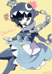 Rule 34 | !?, 1girl, black hair, breasts, chain chomp, chain, collar, colored skin, crown, dress, female focus, grey skin, highres, mario (series), nintendo, open mouth, personification, princess chain chomp, sharp teeth, simple background, solo, super crown, teeth, twitter username, yellow background, z-ton