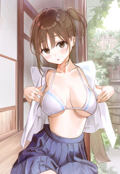Rule 34 | 1girl, blue skirt, blush, bra, breasts, brown eyes, brown hair, cleavage, collarbone, collared shirt, commentary, day, fence, hair between eyes, looking at viewer, medium breasts, medium hair, midriff, miniskirt, open clothes, open mouth, open shirt, original, outdoors, photo-referenced, pleated skirt, porch, rangu, shirt, side ponytail, sitting, skirt, solo, underboob, underwear, white bra, white shirt