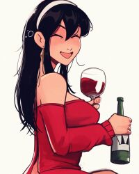 Rule 34 | 1girl, ^ ^, alcohol, blush, bottle, breasts, closed eyes, cup, drinking glass, facing viewer, from side, grey background, hair behind ear, hairband, highres, holding, holding bottle, long hair, long sleeves, medium breasts, off-shoulder sweater, off shoulder, open mouth, raichiyo33, red sweater, sitting, smile, solo, spy x family, sweater, white hairband, wine, wine bottle, wine glass, yor briar