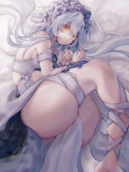 Rule 34 | 1girl, arknights, blue flower, breasts, casual one-piece swimsuit, chimoshi (kusa), crocodilian tail, flower, grey hair, head wreath, highres, long hair, looking at viewer, lying, official alternate costume, on side, one-piece swimsuit, pointy ears, small breasts, solo, swimsuit, tail, thighs, tomimi (arknights), tomimi (silent night) (arknights), waist cutout, white flower, white one-piece swimsuit, white wrist cuffs, wrist cuffs, yellow eyes