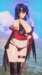 Rule 34 | 3d, ahoge, azur lane, bikini, black hair, blush, breasts, choker, cleavage, cloud, collarbone, crossed bangs, eyebrows, eyebrows hidden by hair, highres, huge breasts, jacket, koikatsu (medium), light smile, long hair, looking at viewer, multi-strapped bikini bottom, navel, ocean, off shoulder, red eyes, red jacket, shiny clothes, shiny skin, sunglasses, sunglasses on head, swimsuit, taihou (azur lane), taihou (enraptured companion) (azur lane), thigh strap, thighhighs, very long hair, wide hips