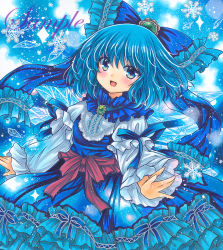 Rule 34 | 1girl, :d, blue background, blue bow, blue dress, blue eyes, blue hair, blue ribbon, blue shirt, blue theme, blush, bow, brooch, cirno, cowboy shot, detached wings, dress, frilled bow, frilled dress, frills, green brooch, hair between eyes, hair bow, ice, ice wings, jewelry, juliet sleeves, long sleeves, looking at viewer, marker (medium), open mouth, outstretched arms, puffy sleeves, ribbon, rui (sugar3), sample watermark, shirt, short hair, sleeve ribbon, smile, snowflake background, solo, touhou, traditional media, watermark, wings