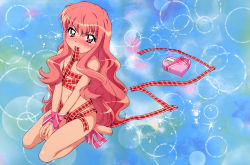 Rule 34 | 00s, 1girl, absurdres, artist request, bdsm, blush, bondage, bound, bound ankles, bound wrists, box, flat chest, heart, highres, long hair, louise francoise le blanc de la valliere, mouth hold, naked ribbon, pink eyes, pink hair, ribbon, solo, valentine, zero no tsukaima