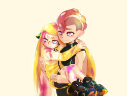 Rule 34 | 1boy, 1girl, agent 4 (splatoon), agent 8 (splatoon), asymmetrical sleeves, black footwear, black pants, black shirt, black shorts, blonde hair, blue eyes, blunt bangs, boots, carrying, closed mouth, commentary request, dirty, dirty clothes, dirty face, frown, headgear, highres, inkling, inkling girl, inkling player character, jacket, long hair, long sleeves, looking at another, looking away, maimo, nintendo, octoling, octoling boy, octoling player character, paint splatter, pants, pointy ears, princess carry, red hair, shirt, shorts, simple background, smile, splatoon (series), splatoon 2, splatoon 2: octo expansion, squidbeak splatoon, standing, suction cups, tentacle hair, uneven sleeves, v-shaped eyebrows, yellow background, yellow jacket