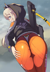 Rule 34 | 1girl, artist request, ass, ass focus, ass grab, blonde hair, blue eyes, bodysuit, come hither, from behind, goddess of victory: nikke, grin, highres, hood, huge ass, jacket, long hair, looking at viewer, looking back, smile, solo, thong, tove (nikke), very long hair