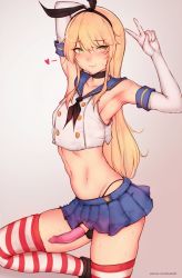 Rule 34 | 1boy, armpits, arms up, black panties, blonde hair, bluefield, blush, choker, closed mouth, collarbone, condom, condom on penis, cosplay, crop top, crossdressing, elbow gloves, gloves, hairband, heart, highleg, highleg panties, highres, horizontal-striped legwear, kantai collection, lips, long hair, looking at viewer, male focus, midriff, miniskirt, navel, panties, penis, sailor collar, school uniform, serafuku, shimakaze-kun, shimakaze (kancolle), shimakaze (kancolle) (cosplay), shimakaze (kantai collection), skirt, smile, solo, standing, standing on one leg, striped clothes, striped thighhighs, sweat, thighhighs, trap, underwear, v, white gloves
