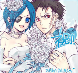 Rule 34 | 1boy, 1girl, black hair, blue eyes, blue hair, bouquet, bow, bowtie, breasts, bridal veil, bride, carrying, chrome dokuro, cleavage, couple, dress, elbow gloves, eyepatch, flower, gloves, happy, hetero, jewelry, katekyo hitman reborn!, lowres, necklace, pearl necklace, princess carry, red eyes, ribbon, ring, scar, short hair, veil, wedding, wedding band, wedding dress, wedding ring, xanxus