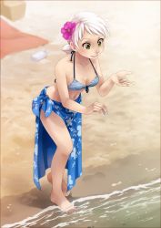 1girl barefoot beach bikini bikini_top_only breasts cleavage flower green_eyes meago ocean original sand sarong seashell shell short_hair striped_bikini striped_clothes swimsuit towel white_hair