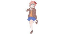 Rule 34 | 1girl, blue eyes, bow, bread, bread slice, doki doki literature club, food, food in mouth, hair bow, hair ornament, jacket, kyu-kurarin (cevio), misogi ria, mouth hold, pink hair, putting on shoes, red bow, ribbon, sayori (doki doki literature club), school uniform, short hair, skirt, toast, toast in mouth, transparent background, white background