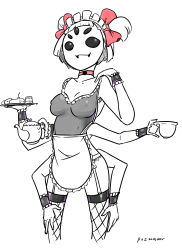 Rule 34 | 1girl, absurdres, apron, breasts, choker, covered erect nipples, extra arms, extra eyes, fangs, female focus, highres, arthropod girl, maid, maid headdress, monochrome, monster girl, muffet, solo, spider girl, spot color, teapot, thighhighs, undertale, underwear, white background