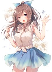 Rule 34 | 1girl, blue ribbon, blue skirt, blush, bracelet, breasts, brown hair, cleavage, collared shirt, cowboy shot, floral background, flower, front-tie top, gradient clothes, hair ribbon, highres, idolmaster, idolmaster shiny colors, jewelry, large breasts, long hair, looking at viewer, open mouth, parted bangs, ponytail, ribbon, shirt, simple background, skirt, sleeveless, sleeveless shirt, smile, solo, sparkle, tied shirt, toosaka asagi, tsukioka kogane, waving, white background, white shirt