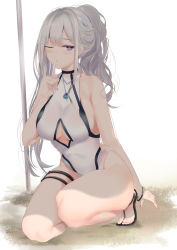 Rule 34 | 1girl, absurdres, ak-12 (girls&#039; frontline), blush, bracelet, braid, breasts, closed mouth, finger to mouth, full body, girls&#039; frontline, glowing, glowing eye, highres, jewelry, kneeling, large breasts, long hair, looking at viewer, nail polish, necklace, one-piece swimsuit, one eye closed, pink nails, purple eyes, ru zhai, sandals, shade, shushing, sidelocks, silver hair, solo, swimsuit, thigh strap, thighs, toes, wavy hair, white one-piece swimsuit