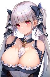 Rule 34 | 1girl, absurdres, azur lane, bare shoulders, black bow, black dress, blush, bow, breasts, cleavage, collarbone, dress, earrings, formidable (azur lane), grey hair, hair bow, head tilt, highres, jewelry, large breasts, long hair, minj kim, red eyes, solo, twintails, very long hair