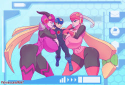 Rule 34 | 1boy, 2girls, alternate breast size, alternate height, angry, blonde hair, breasts, cleavage, covered erect nipples, dark persona, green eyes, height difference, helmet, holding another&#039;s arm, horns, huge breasts, long hair, low-tied long hair, mega man (series), mega man battle network, megaman.exe, multiple girls, n647, netnavi, open mouth, purple eyes, roll.exe (mega man), short guy, single horn, size difference, skin tight, smile, tall female, towering, wide hips