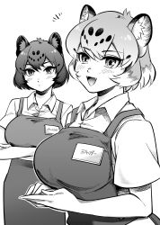 Rule 34 | 2girls, alternate costume, animal ear fluff, animal ears, apron, bare arms, black jaguar (kemono friends), blush, breasts, cat girl, closed mouth, collared shirt, colored inner hair, commentary request, contemporary, crossed arms, fangs, greyscale, hair between eyes, highres, jaguar (kemono friends), jaguar ears, jaguar girl, kemono friends, large breasts, looking at viewer, monochrome, multicolored hair, multiple girls, name tag, open mouth, own hands together, shirt, short hair, short sleeves, simple background, smile, upper body, white background, wing collar, yokuko zaza