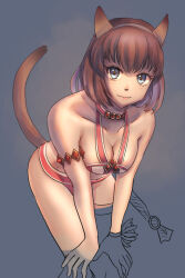 Rule 34 | 1girl, animal ears, armlet, adventurer (ff11), bare shoulders, bikini, blue background, blue eyes, breasts, brown hair, cactus41747280, cat ears, cat girl, cat tail, choker, cleavage, closed mouth, final fantasy, final fantasy xi, gem, grey hairband, hairband, halterneck, hands on own knees, highres, medium breasts, mithra (ff11), pink bikini, pink choker, red gemstone, short hair, smile, solo, swimsuit, tail, tail raised, two-tone bikini, two-tone choker, unfinished, white bikini, white choker, yellow pupils