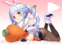 Rule 34 | 1girl, animal ear fluff, animal ears, batsu, bed sheet, black gloves, black leotard, blue hair, braid, breasts, carrot, carrot hair ornament, cleavage, closed mouth, commentary, food-themed hair ornament, full body, gloves, gradient background, hair ornament, hololive, leotard, long braid, long hair, looking at viewer, lying, medium breasts, multicolored hair, on stomach, orange eyes, pantyhose, play button, playboy bunny, rabbit ears, rabbit girl, scarf, simple background, smile, solo, stuffed carrot, thick eyebrows, twin braids, two-tone hair, underwear, usada pekora, usada pekora (1st costume), virtual youtuber, white hair