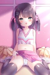 Rule 34 | 1girl, absurdres, black hair, black thighhighs, blue panties, blush, bow, cameltoe, cheerleader, clothes lift, crop top, female focus, green eyes, hair bow, hair ornament, hairclip, highres, locker, looking at viewer, medium hair, midriff, momochi chia, navel, on floor, original, panties, pink bow, pink skirt, pleated skirt, pom pom (cheerleading), shoes, sidelocks, sitting, skirt, skirt lift, sneakers, solo, stomach, striped clothes, striped panties, sunlight, thighhighs, tongue, tongue out, twintails, underwear