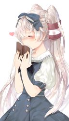 Rule 34 | 10s, 1girl, alternate costume, amatsukaze (kancolle), bad id, bad pixiv id, blue dress, blue ribbon, blush, book, buttons, closed eyes, dress, hair ribbon, hair tubes, heart, highres, holding, holding book, kantai collection, long hair, mao ge, puffy short sleeves, puffy sleeves, ribbon, short sleeves, silver hair, simple background, solo, two side up, white background