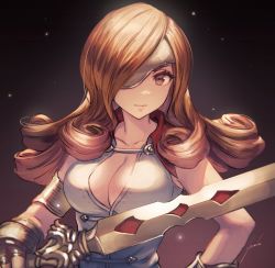 Rule 34 | 1girl, anbe yoshirou, armlet, beatrix (ff9), breasts, brown eyes, brown hair, cleavage, commentary request, curly hair, eyepatch, final fantasy, final fantasy ix, fingerless gloves, gloves, highres, holding, holding sword, holding weapon, looking at viewer, medium hair, save the queen, signature, simple background, solo, sword, upper body, weapon