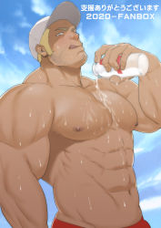 Rule 34 | 1boy, :q, abs, absurdres, bara, baseball cap, beard, blonde hair, bottle, facial hair, hat, highres, large pectorals, long sideburns, looking at viewer, male focus, mature male, milk, milk bottle, mizuki gai, muscular, muscular male, navel, nipples, original, pants, pectorals, pouring, pouring onto self, red pants, seductive smile, short hair, sideburns, smile, solo, stomach, stubble, tongue, tongue out, topless male, wet