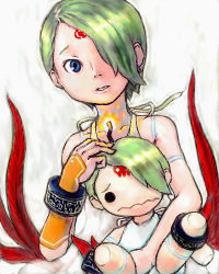 Rule 34 | 1girl, breath of fire, breath of fire v, dress, facial mark, green eyes, green hair, hair over one eye, inomoto hiro, lowres, matching hair/eyes, nina (breath of fire v), red wings, short hair, solo, stuffed toy, tattoo, wings