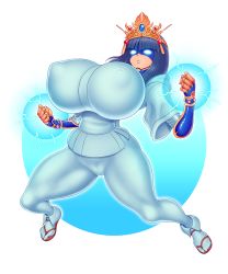 Rule 34 | 1girl, akiranime, android, attack, black hair, breasts, covered erect nipples, electricity, full body, gauntlets, headdress, headpiece, hood, hood down, hoodie, huge breasts, incoming attack, jumping, lips, mask, mechanical arms, ninja, no pupils, pantyhose, robot, sash, short hair, shortstack, solo, tabi, taut clothes, the ninja warriors, the ninja warriors once again, thick thighs, thighs, white background, white hoodie, white pantyhose, wide sleeves, yaksha (the ninja warriors)