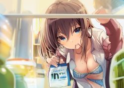 Rule 34 | 1girl, absurdres, blue bra, blue eyes, blue panties, blurry, blurry background, bottle, bow, bow bra, bow panties, bra, breasts, brown hair, cardigan, cleavage, depth of field, drink pouch, hair between eyes, hair tie, hair tie in mouth, highres, holding, indoors, leaning forward, long hair, long sleeves, looking at viewer, medium breasts, mole, mole on breast, mouth hold, no pants, open clothes, open shirt, original, panties, red sweater, refrigerator, refrigerator interior, shirt, siokazunoko, solo, sweater, underwear, white shirt