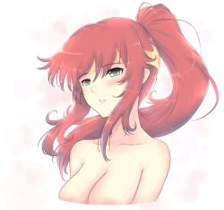 Rule 34 | 1girl, blue hair, blush, breasts, cat with a brush, cleavage, collarbone, completely nude, cropped torso, expressionless, forehead protector, gradient background, green eyes, high ponytail, long hair, medium breasts, nude, out-of-frame censoring, parted lips, pyrrha nikos, red hair, rwby, shiny skin, solo, street fighter, upper body