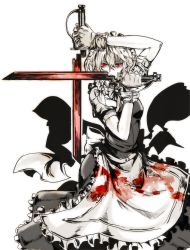 Rule 34 | 1girl, apron, blood, blood on clothes, blood splatter, bow, crossed swords, greyscale, hellsing, highres, itoshiki eru, izayoi sakuya, looking at viewer, maid headdress, monochrome, parody, partially colored, red eyes, simple background, skirt, skirt set, solo, spot color, sword, touhou, waist apron, weapon, white background, wrist cuffs