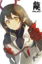 Rule 34 | 1girl, animal ears, antlers, balancing, black sweater, breasts, closed mouth, coat, collarbone, collared coat, cowboy shot, deer antlers, deer ears, gloves, hair strand, hands up, highres, holding, holding pen, horns, id card, lab coat, large breasts, logo, long eyelashes, long hair, long sleeves, looking at viewer, orange hair, original, pen, pointy ears, red gloves, red tassel, sidelocks, smile, solo, soyoong jun, strap, sweater, white background, white coat, yellow eyes